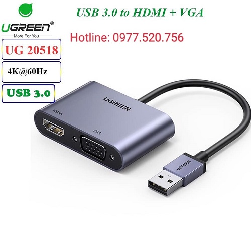 Bộ chuyển đổi USB 3.0 ra HDMI và VGA Ugreen 20518